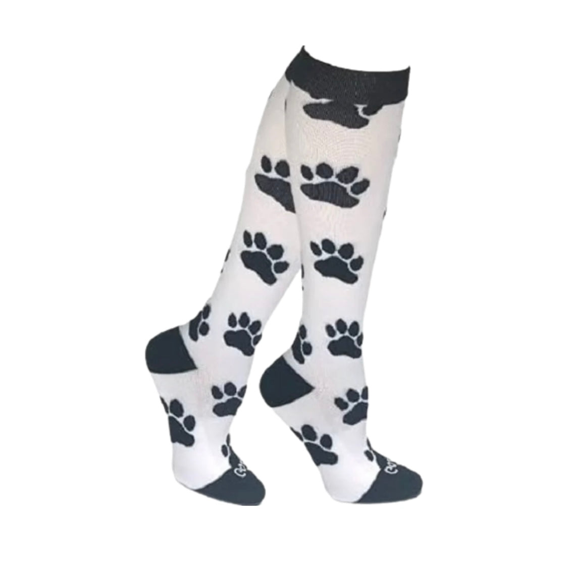 Black paw prints on white compression socks